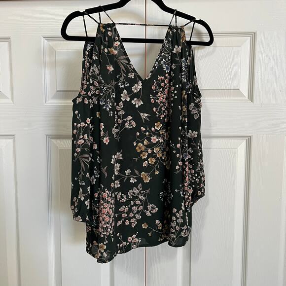 Skies Are Blue Floral Cold Shoulder Top Size M Forest Green 3/4 Sleeves Boho - Picture 2 of 8